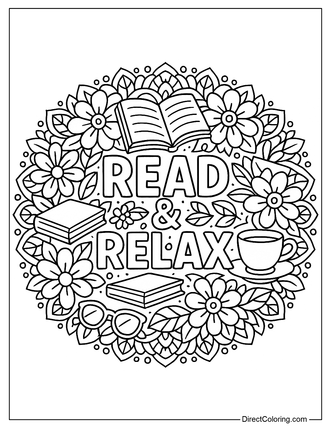 Summer reading mandala coloring page has books, flowers, glasses, teacups and the words 